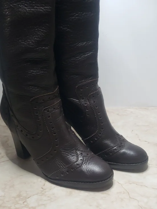Michael Kors Dark Brown Leather Knee-High Heeled Pull On  Boots Size 6.5 - Picture 3 of 8
